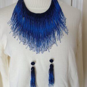 CHICO’S Blue Cascade Long Stranded Beaded Necklace w/ matching earrings